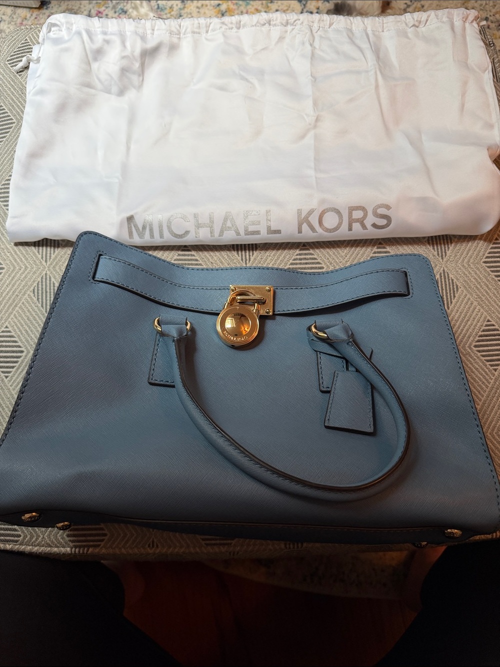 Michael Kors Slate Blue Saffiano Leather Satchel with Gold Hardware